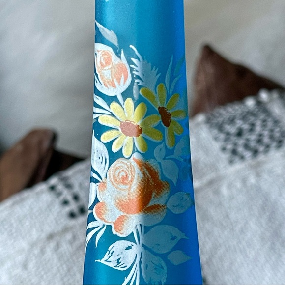 Westmoreland | Vintage | Blue Mist Hand Painted Floral Satin Glass Bud Vase 9.5" - Picture 6 of 13